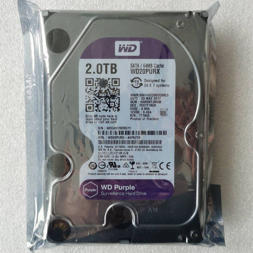 二手  西数 WD20PURX 2TB监控硬盘紫盘3.5寸SATA3 2T台式存储垂直