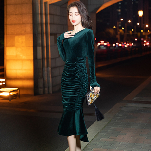 小个子晚礼服女高贵洋气长袖高端宴会名媛气质时尚鱼尾连衣裙显瘦