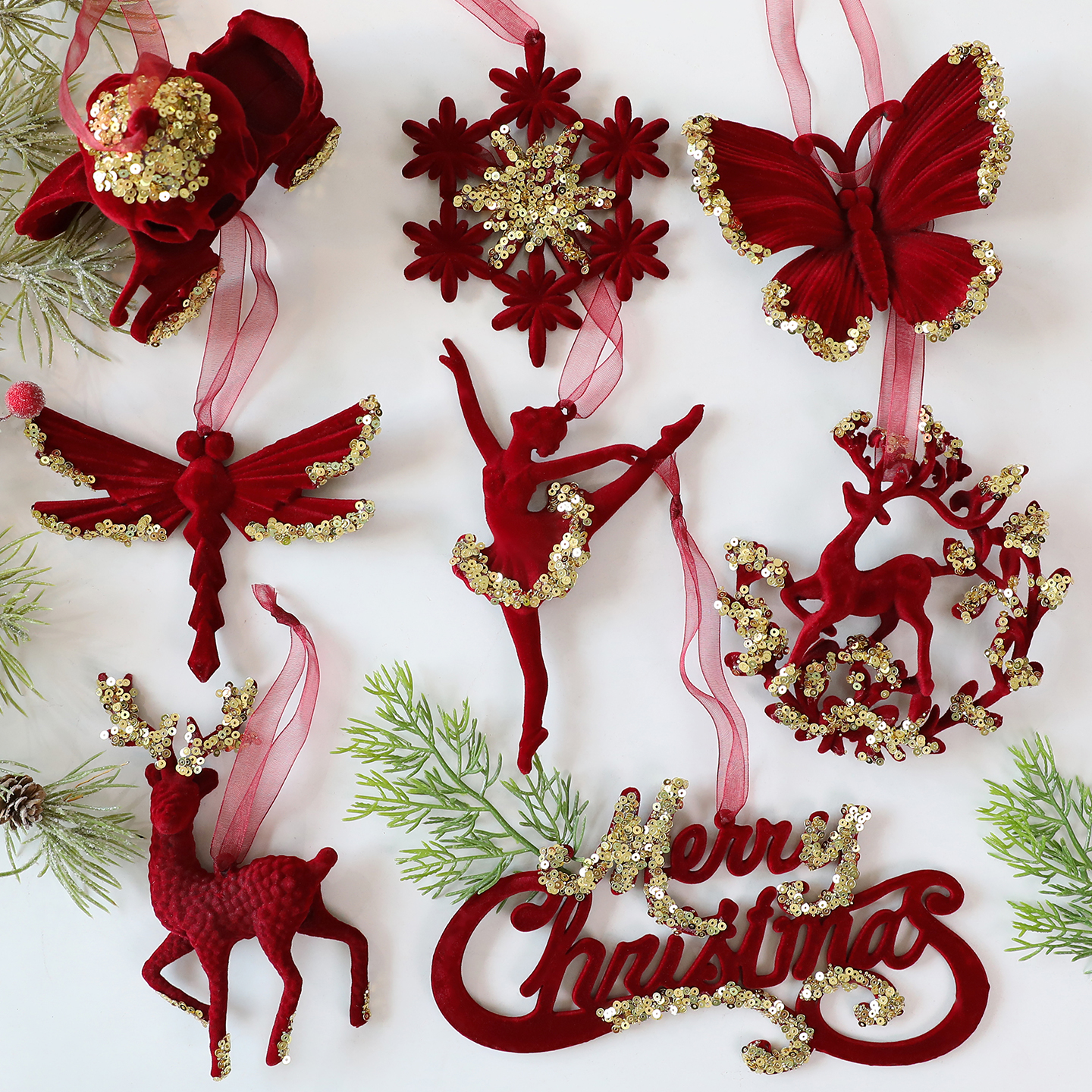 圣诞节植绒红金色雪花蝴蝶挂件