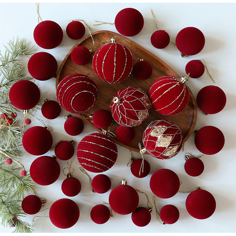 圣诞节装饰品酒红色植绒圣诞球