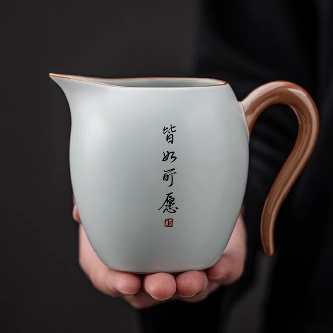 天青汝窑公道杯单个高档大号陶瓷茶海分茶器手写功夫茶具配件定制