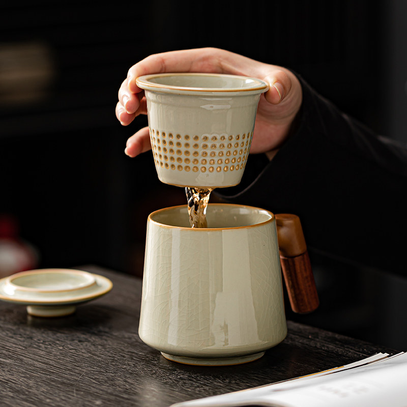 汝窑陶瓷茶杯办公室泡茶水杯男个人专用高档带盖子过滤茶水分离定