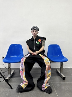 Without Me/FEAR4FREE设计师款“双性格”拼接色彩印花阔腿休闲裤