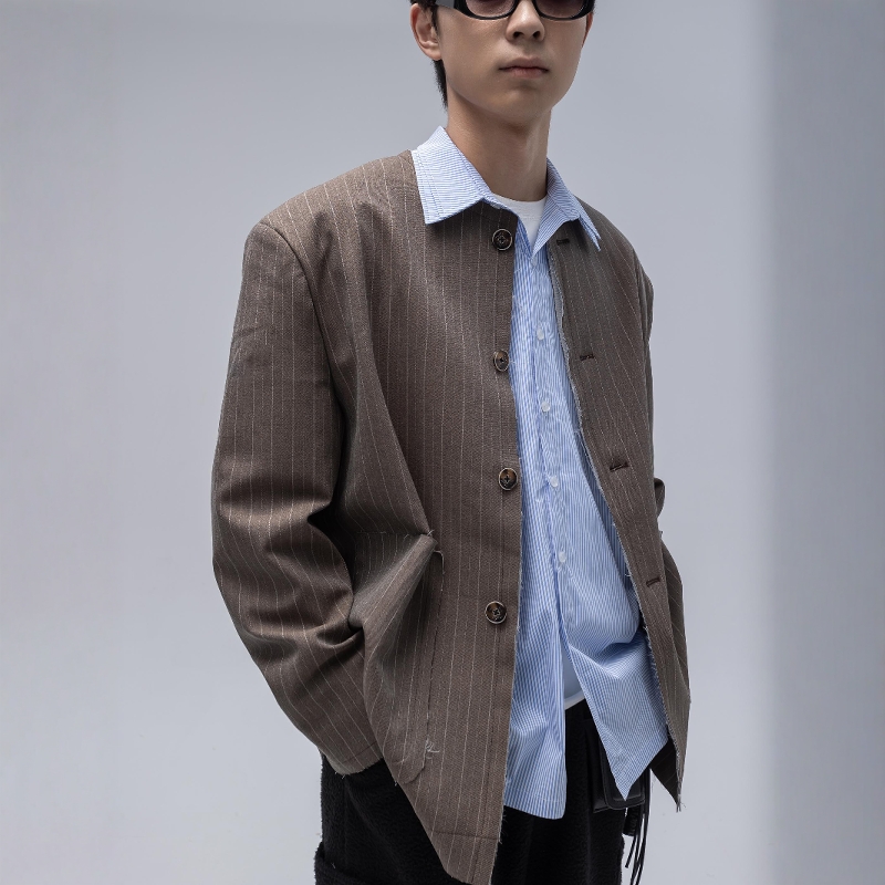 日本进口条纹提花毛边无领西装