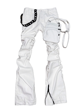 WithoutMe裁决*视觉系白色褶皱外骨骼口袋超长裤休闲嘻哈朋克皮裤