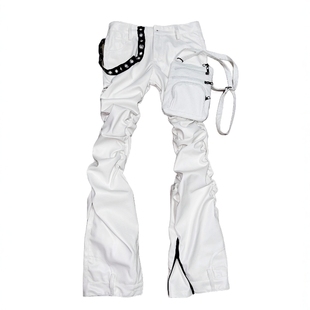 休闲嘻哈朋克皮裤 WithoutMe裁决 视觉系白色褶皱外骨骼口袋超长裤