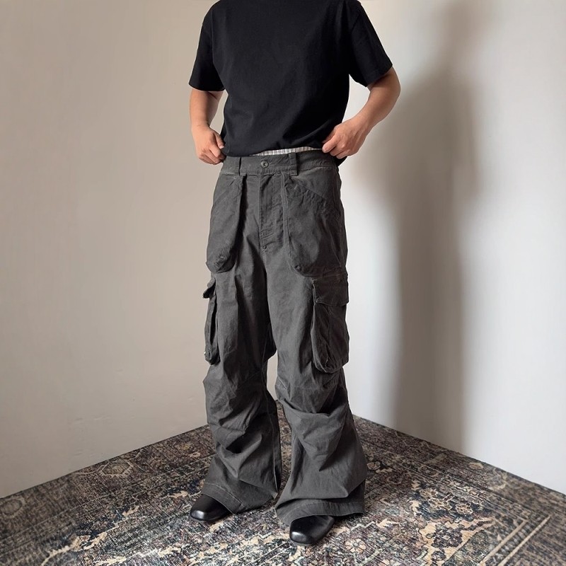斜纹布水洗做旧脏染阔腿直筒长裤