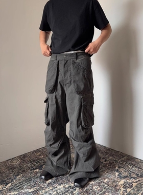 Without Me/Xentric 立体多口袋斜纹布水洗做旧脏染阔腿直筒长裤