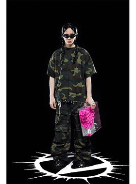 Without Me/ZOZOKILLA春秋迷彩破坏毛边烫钉T恤圆领宽松短袖男女