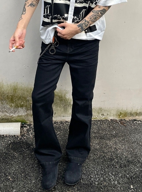 Without Me/SUNINWAVE修身弹力纯黑质感褶皱猫须微喇中高腰牛仔裤