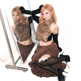 WithoutMe/RubyDoll毛毛挂脖高领复古长袖性感辣妹修身打底衫上衣