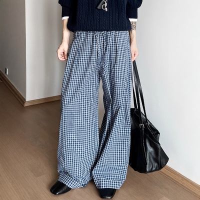 阔腿格子打褶休闲裤格纹直筒慵懒