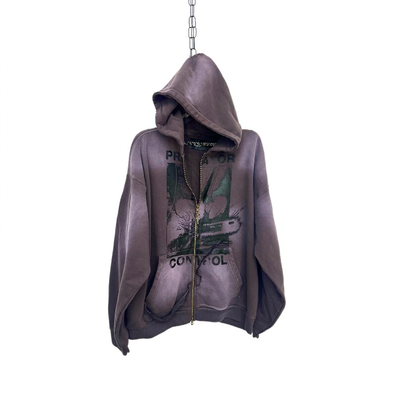 Without Me/sharkcolor 手工喷染做旧复古破坏连帽双拉链卫衣外套