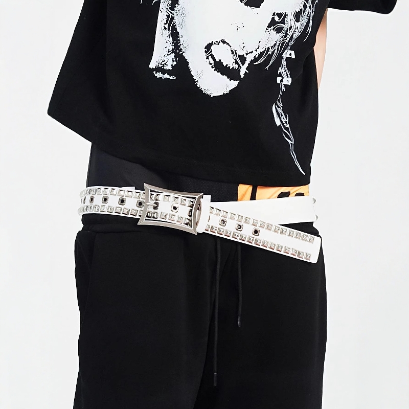 白色牛皮铆钉单针扣皮带|腰带