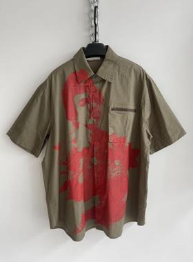 Without Me/1of remake 小众手工印花军绿色宽松美式男女短袖衬衫