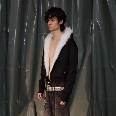 铆钉口袋毛绒两面穿保暖加厚连帽