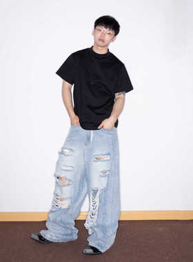 WithoutMe/FEAR4FREE 猫爪毛须水洗破坏破洞廓形牛仔长裤直筒拖地