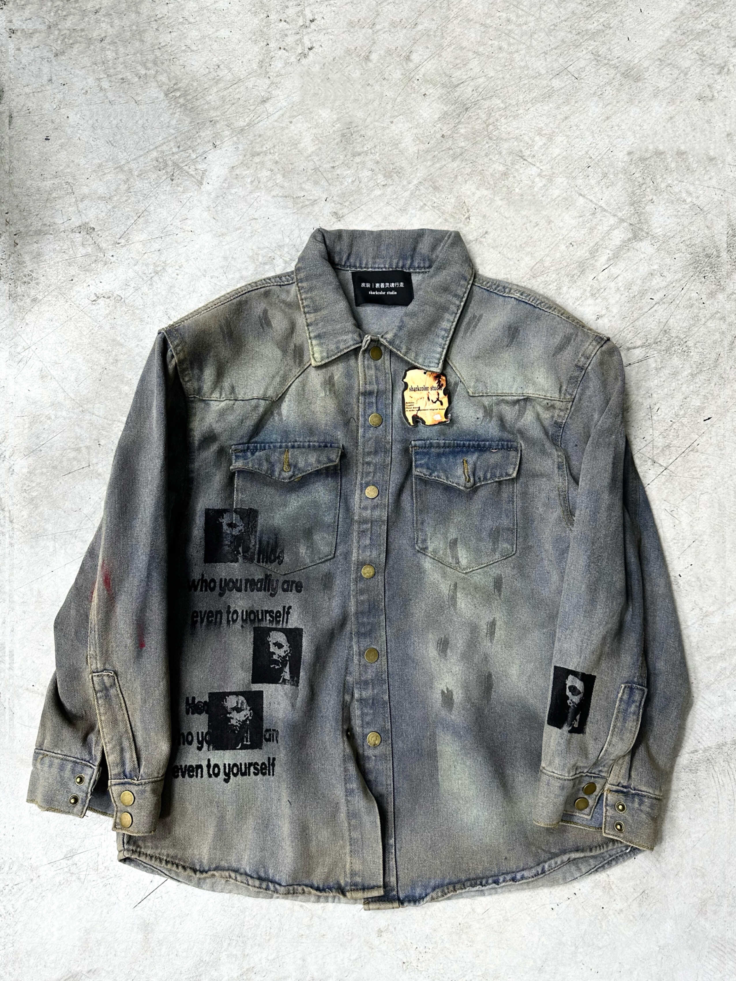 牛仔做旧重磅衬衫外套牛仔垫肩