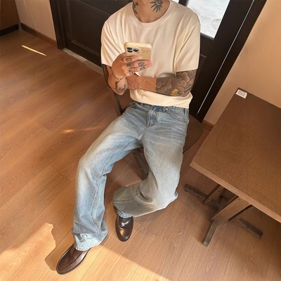 高盎司复古水洗蓝微喇牛仔裤