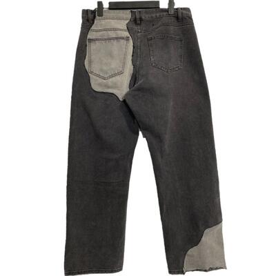 水洗宽松直筒不规则拼接牛仔裤