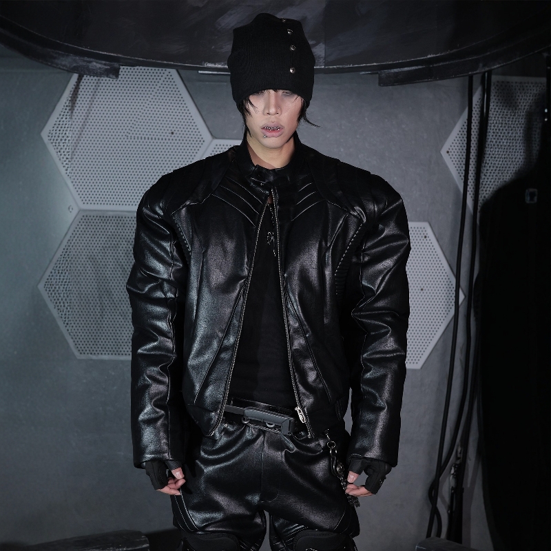 麟片肩甲造型暗黑先锋机车皮衣