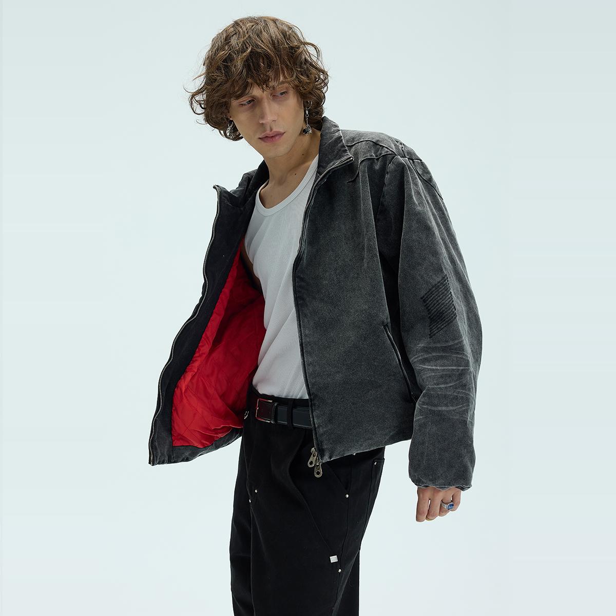 洗水红色内里宽松百搭短宽棉服