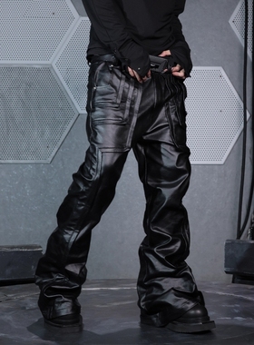 Without Me/SSIN7 骨蚀 几何活页剪裁刷蜡涂层先锋微喇蜡面牛仔裤