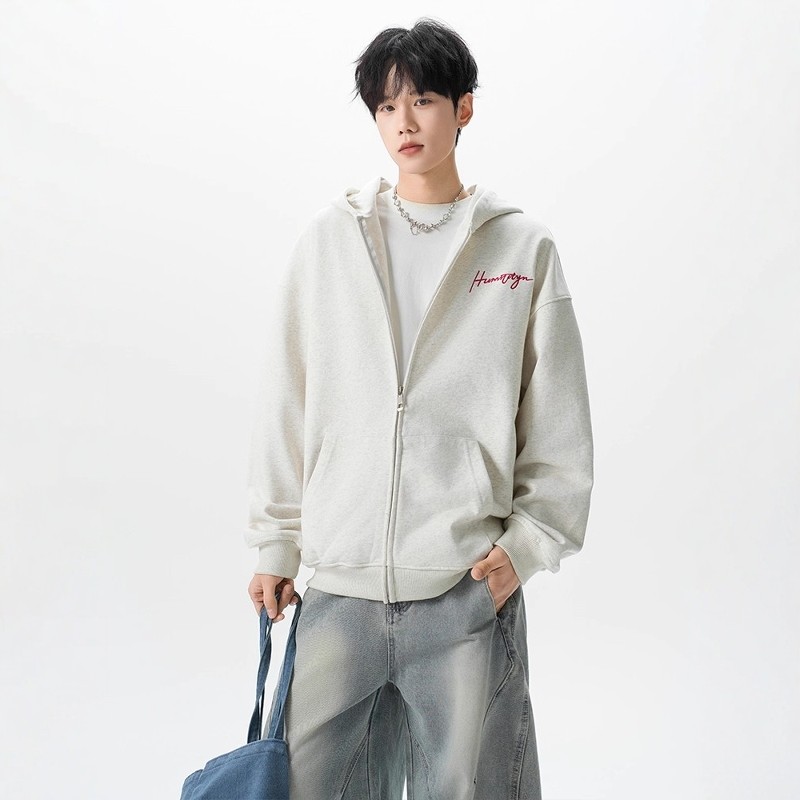 Without Me/Humilityn国潮字母刺绣卫衣美式宽松情侣连帽开衫外套