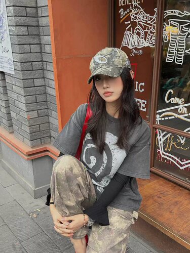 米奇头像做旧印花全棉小领口短袖