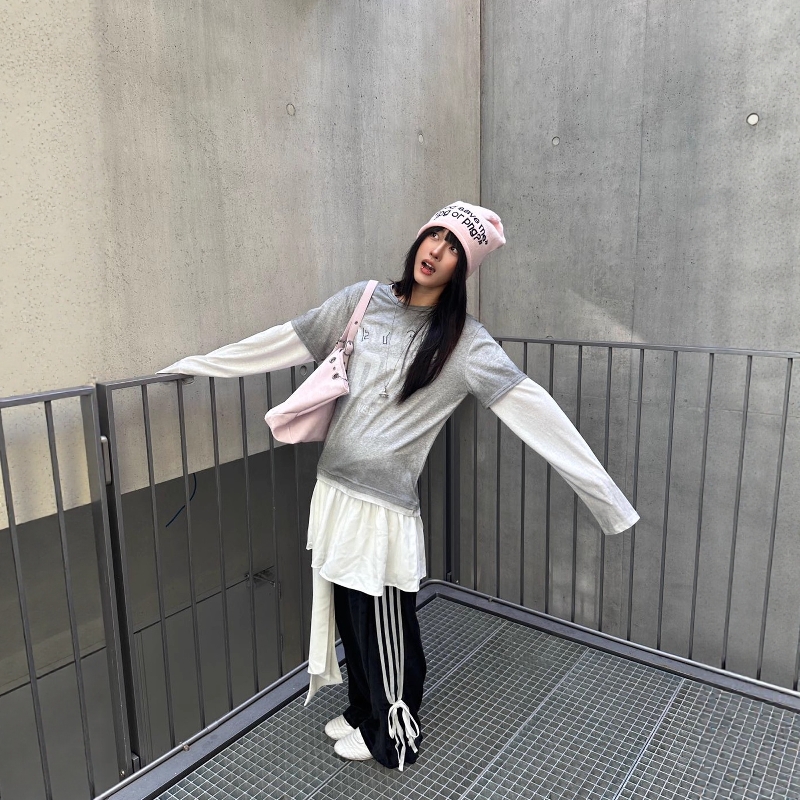 假两件设计渐变合身正肩长袖