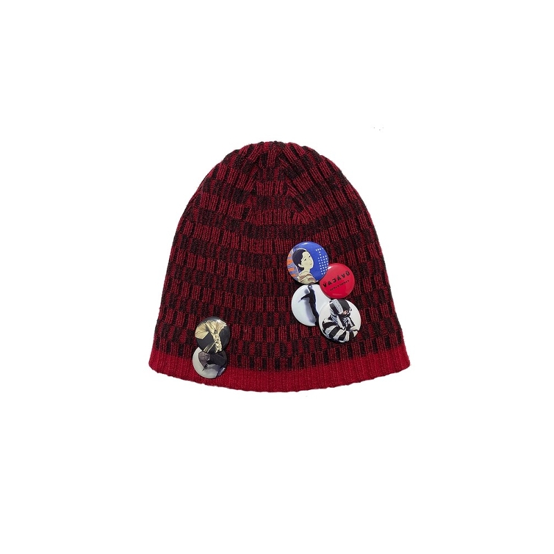 红条纹徽章针织冷帽男女