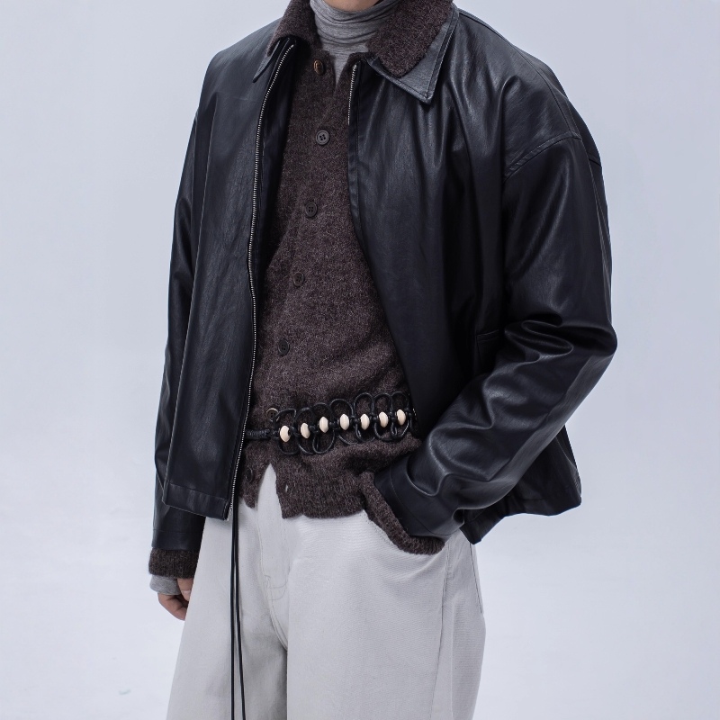 进口肌理感PU皮短款翻领夹克外套