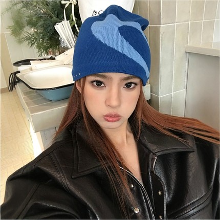 WithoutMe/VULCAN透气情侣冷帽蓝色LOGO显脸小针织毛线包头绒线帽