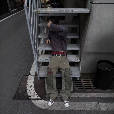 擦脏重影双膝泼墨微喇伐木裤