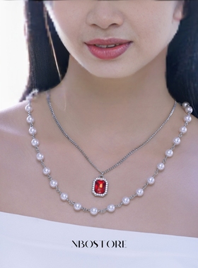 原创珍珠拼接红色宝石吊坠项链