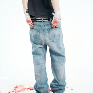 Without Me/PunkFK|浅冰蓝水洗做旧扎花蓝牛微阔直筒百搭牛仔裤