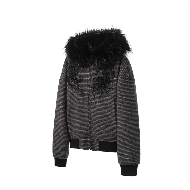 Without Me/TZ killer 兔绒蕾丝绣花棉服 条纹连帽可拆卸毛领外套