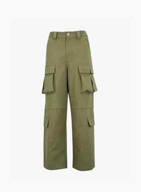Without Me/FEAR4FREE古着军绿色廓形立体口袋水洗宽松工装伞兵裤
