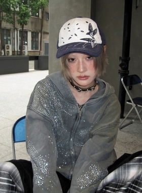 Without Me/WASE*华夫格灯芯绒蓝白撞色烫钻街头休闲弯檐棒球帽