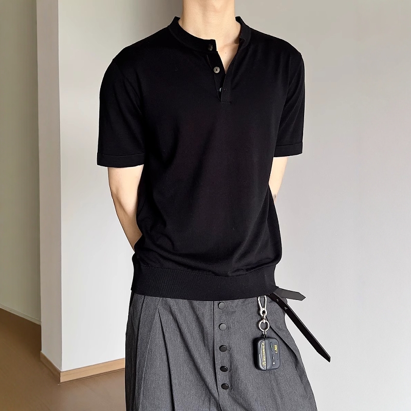 天丝16针亨利领老钱针织短袖