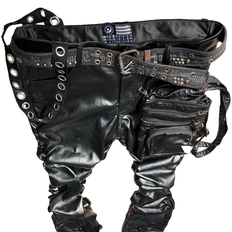 外骨骼口袋嘻哈朋克超长黑色皮裤