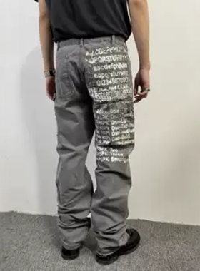 Without Me/1of remake 23ss水洗做旧灰色破坏潮流直筒裤子工装裤