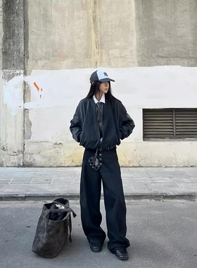 Without Me/JEANS 排扣黑色原牛宽松阔腿裤 弯刀廓形百搭牛仔裤