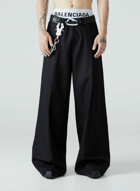 Without Me/24SS宽松活页阔腿裤黑色百褶四季休闲裤男新款长裤潮