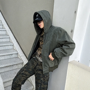 Without Me/加厚帆布J130连帽新雪丽3M内胆棉服做旧破洞褪色短宽