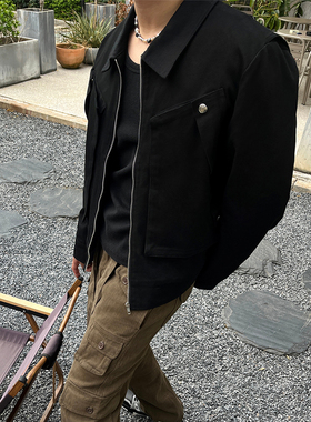 Without Me/KINETIC黑色拉链短款夹克立体大口袋翻领工装休闲外套
