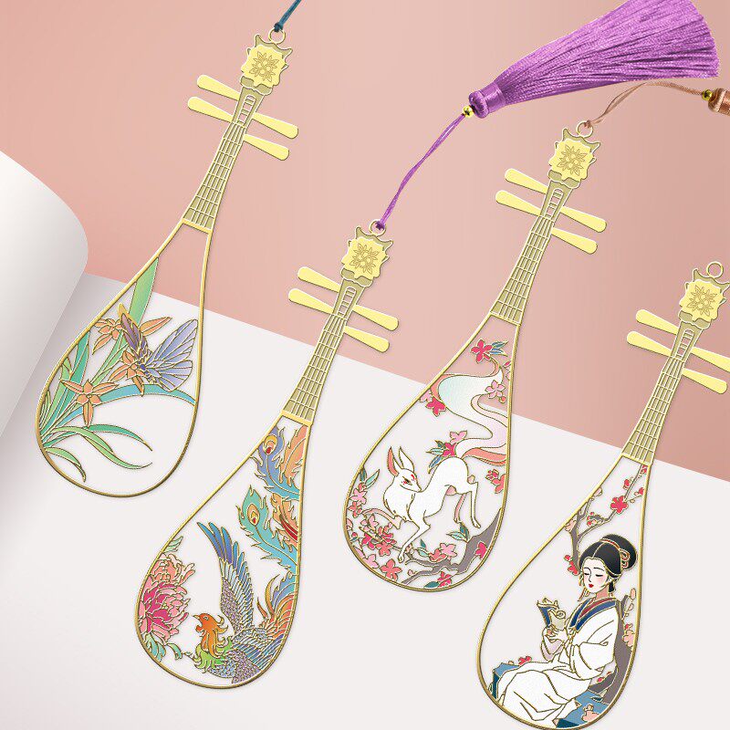 国潮古风彩色琵琶金属镂空艺术书签签龙凤鹿鹤兔猫系列动物中国风文创