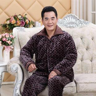 中老年睡衣冬季男士家居服三层加厚保暖加棉加绒爸爸款大码棉袄