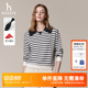 Hazzys哈吉斯女士条纹翻领卫衣女通勤套头时尚 T恤上衣潮 休闲长袖