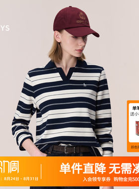 Hazzys哈吉斯秋季女装条纹翻领卫衣女士时尚休闲通勤长袖T恤上衣